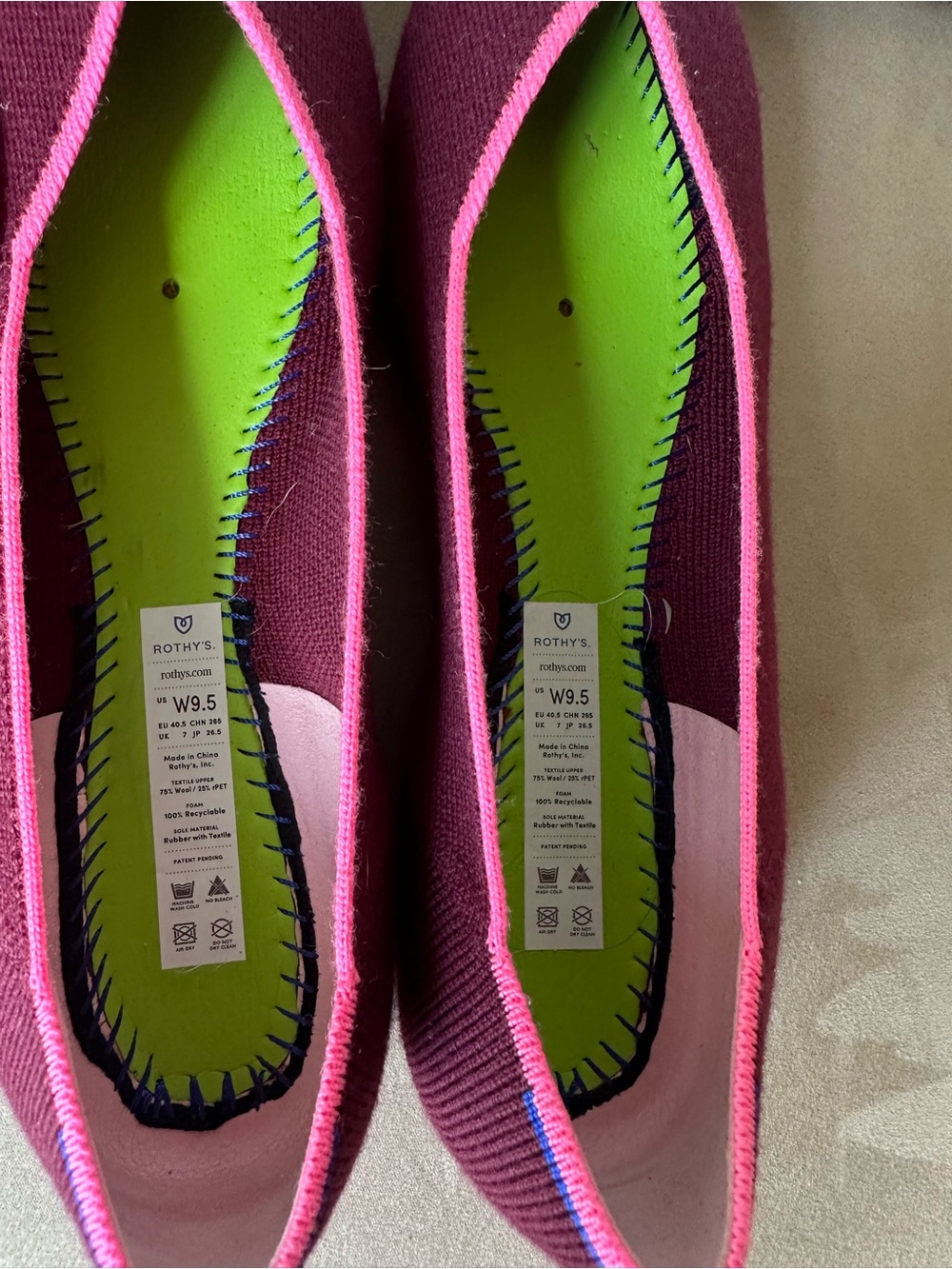 Rothy's The Point Ballet Flat Slip-On Merino Wool Currant Pink Size 9.5 - Picture 7 of 15